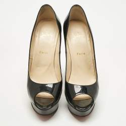 Pre Owned Christian Louboutin Black Patent Leather Lady Peep Toe Platform Pumps Size 40.5
