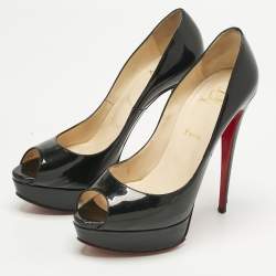Pre Owned Christian Louboutin Black Patent Leather Lady Peep Toe Platform Pumps Size 40.5