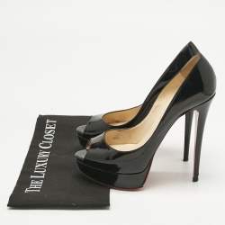 Pre Owned Christian Louboutin Black Patent Leather Lady Peep Toe Platform Pumps Size 40.5