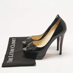 Pre Owned Christian Louboutin Black Patent Leather Lady Peep Toe Platform Pumps Size 37.5
