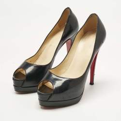 Pre Owned Christian Louboutin Black Patent Leather Lady Peep Toe Platform Pumps Size 37.5