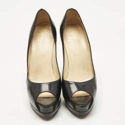 Pre Owned Christian Louboutin Black Patent Leather Lady Peep Toe Platform Pumps Size 37.5