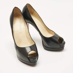 Pre Owned Christian Louboutin Black Patent Leather Lady Peep Toe Platform Pumps Size 37.5