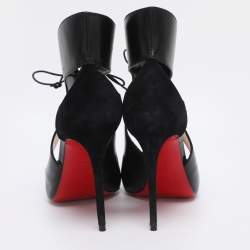 Pre Owned Christian Louboutin Black Leather and Suede Cut-Out Pointed Toe Pumps Size 38.5