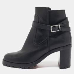 Pre Owned Christian Louboutin Black Leather  Block Heel Ankle Length Boots Size 37.5