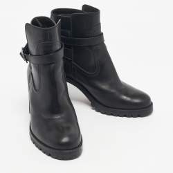 Pre Owned حذاء بوت كريستيان لوبوتان بطول الكاحل كعب عريض جلد أسود مقاس 37.5