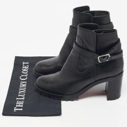 Pre Owned حذاء بوت كريستيان لوبوتان بطول الكاحل كعب عريض جلد أسود مقاس 37.5