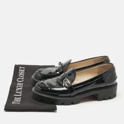 Pre Owned Christian Louboutin Black Patent Leather Lock Woody Slip On Loafers Size 37