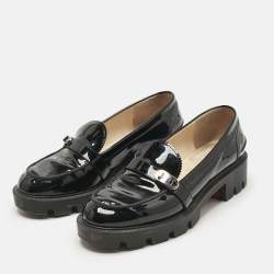 Pre Owned Christian Louboutin Black Patent Leather Lock Woody Slip On Loafers Size 37