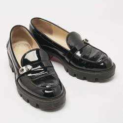 Pre Owned Christian Louboutin Black Patent Leather Lock Woody Slip On Loafers Size 37