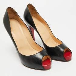 مملوكة مسبقًا حذاء كعب عالي كريستيان لوبوتان نيو فيري بريف قماش أسود لامع مقدمة مفتوحة نعل سميك مقاس 38.5