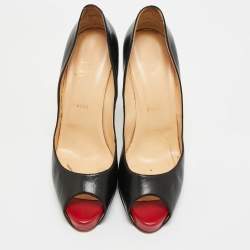 مملوكة مسبقًا حذاء كعب عالي كريستيان لوبوتان نيو فيري بريف قماش أسود لامع مقدمة مفتوحة نعل سميك مقاس 38.5