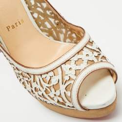 Pre Owned Christian Louboutin White Laser Cut Leather And Mesh Evita Peep Toe Platform Pumps Size 39