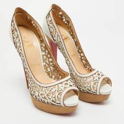Pre Owned Christian Louboutin White Laser Cut Leather And Mesh Evita Peep Toe Platform Pumps Size 39