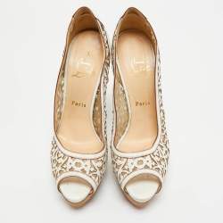 Pre Owned Christian Louboutin White Laser Cut Leather And Mesh Evita Peep Toe Platform Pumps Size 39