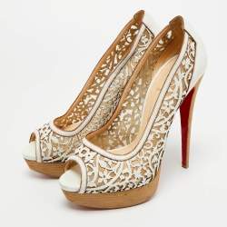 Pre Owned Christian Louboutin White Laser Cut Leather And Mesh Evita Peep Toe Platform Pumps Size 39