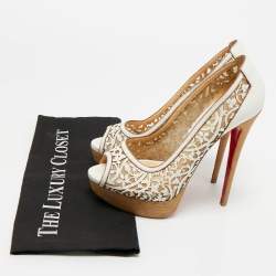 Pre Owned Christian Louboutin White Laser Cut Leather And Mesh Evita Peep Toe Platform Pumps Size 39