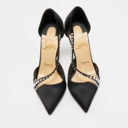 Pre Owned Christian Louboutin Black Satin and PVC Krystal Cross Pumps Size 36.5