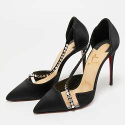 Pre Owned Christian Louboutin Black Satin and PVC Krystal Cross Pumps Size 36.5