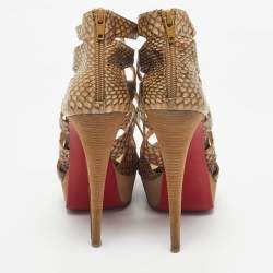 Pre Owned Christian Louboutin Brown/Beige Python Leather Balota Platform Sandals Size 38.5