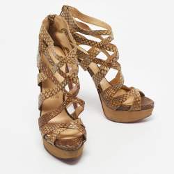 Pre Owned Christian Louboutin Brown/Beige Python Leather Balota Platform Sandals Size 38.5