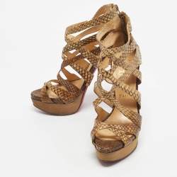 Pre Owned Christian Louboutin Brown/Beige Python Leather Balota Platform Sandals Size 38.5