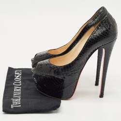 Pre Owned Christian Louboutin Black Python Lady Highness Peep Toe Pumps Size 39.5