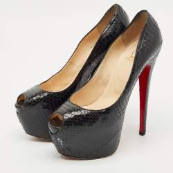 Pre Owned Christian Louboutin Black Python Lady Highness Peep Toe Pumps Size 39.5