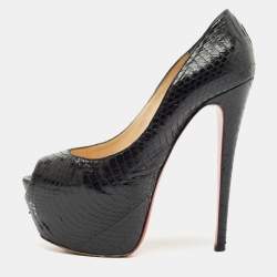 Pre Owned Christian Louboutin Black Python Lady Highness Peep Toe Pumps Size 39.5
