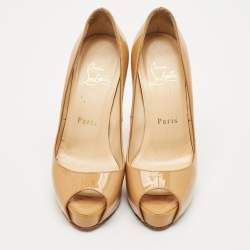 Pre Owned Christian Louboutin Beige Patent Leather Very Prive Peep Toe Platform Pumps Size 34