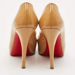 Pre Owned Christian Louboutin Beige Patent Leather Very Prive Peep Toe Platform Pumps Size 34