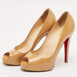 Pre Owned Christian Louboutin Beige Patent Leather Very Prive Peep Toe Platform Pumps Size 34
