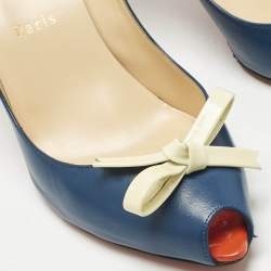 Pre Owned Christian Louboutin Navy Blue/Cream Leather Tibunodo Bow Peep Toe Pumps Size 40