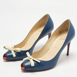 Pre Owned Christian Louboutin Navy Blue/Cream Leather Tibunodo Bow Peep Toe Pumps Size 40