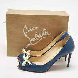 Pre Owned Christian Louboutin Navy Blue/Cream Leather Tibunodo Bow Peep Toe Pumps Size 40