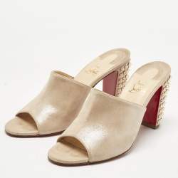 Pre Owned Christian Louboutin Beige Metallic Embossed Suede Mulondon Slide Sandals Size 40.5