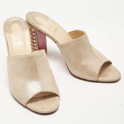 Pre Owned Christian Louboutin Beige Metallic Embossed Suede Mulondon Slide Sandals Size 40.5