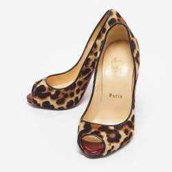 Pre Owned Christian Louboutin Brown Calf Hair Leopard Print Flo Peep Toe Pumps Size 35