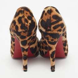 Pre Owned Christian Louboutin Brown Calf Hair Leopard Print Flo Peep Toe Pumps Size 35