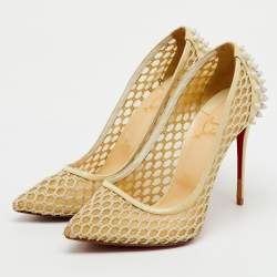 مملوكة مسبقًا حذاء كعب عالي كريستيان لوبوتان مسامير "جوني" جلد براءات و تحتوي على شرائح شبكية وكريمية مقاس 39