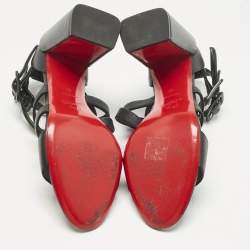 Pre Owned Christian Louboutin Black Leather Zefira Ankle Strap Block Heel Sandals Size 39