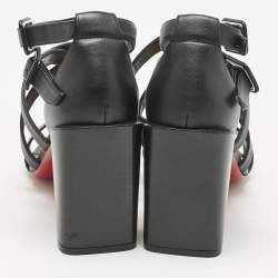 Pre Owned Christian Louboutin Black Leather Zefira Ankle Strap Block Heel Sandals Size 39