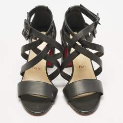 Pre Owned Christian Louboutin Black Leather Zefira Ankle Strap Block Heel Sandals Size 39