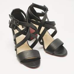 Pre Owned Christian Louboutin Black Leather Zefira Ankle Strap Block Heel Sandals Size 39