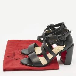 Pre Owned Christian Louboutin Black Leather Zefira Ankle Strap Block Heel Sandals Size 39
