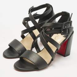 Pre Owned Christian Louboutin Black Leather Zefira Ankle Strap Block Heel Sandals Size 39