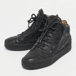 Pre Owned Christian Louboutin Black Leather Louis Spikes High Top Sneakers Size 38