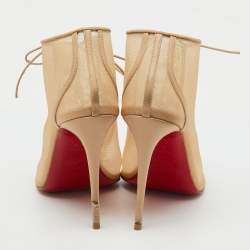 Pre Owned Christian Louboutin Beige Leather and Mesh Open Ondessa Lace Up Booties Size 37.5