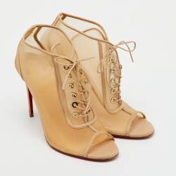 Pre Owned Christian Louboutin Beige Leather and Mesh Open Ondessa Lace Up Booties Size 37.5