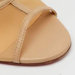 Pre Owned Christian Louboutin Beige Leather and Mesh Open Ondessa Lace Up Booties Size 37.5